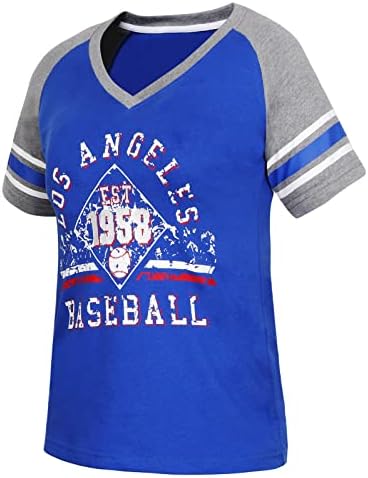 Geneisteck Bayan Los Angeles Şehir Beyzbol V Yaka Fanlar Raglan Atletik Tişörtler-Mavi ve Beyaz