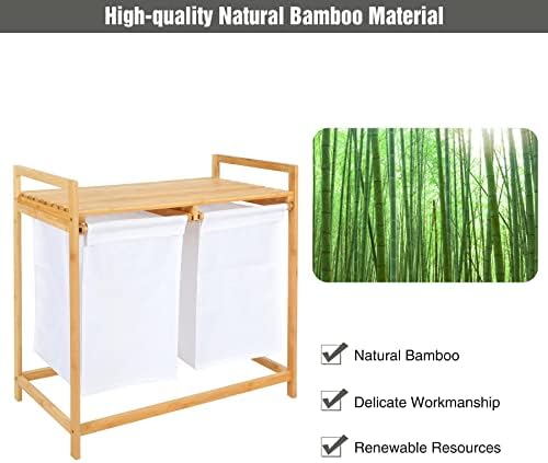 ALBOMİ Bağımsız Bambu Çamaşır Sepeti, Raflı ve Çıkarılabilir Saklama Torbalı 2 Bölümlü Çamaşır Sıralayıcısı, Banyo